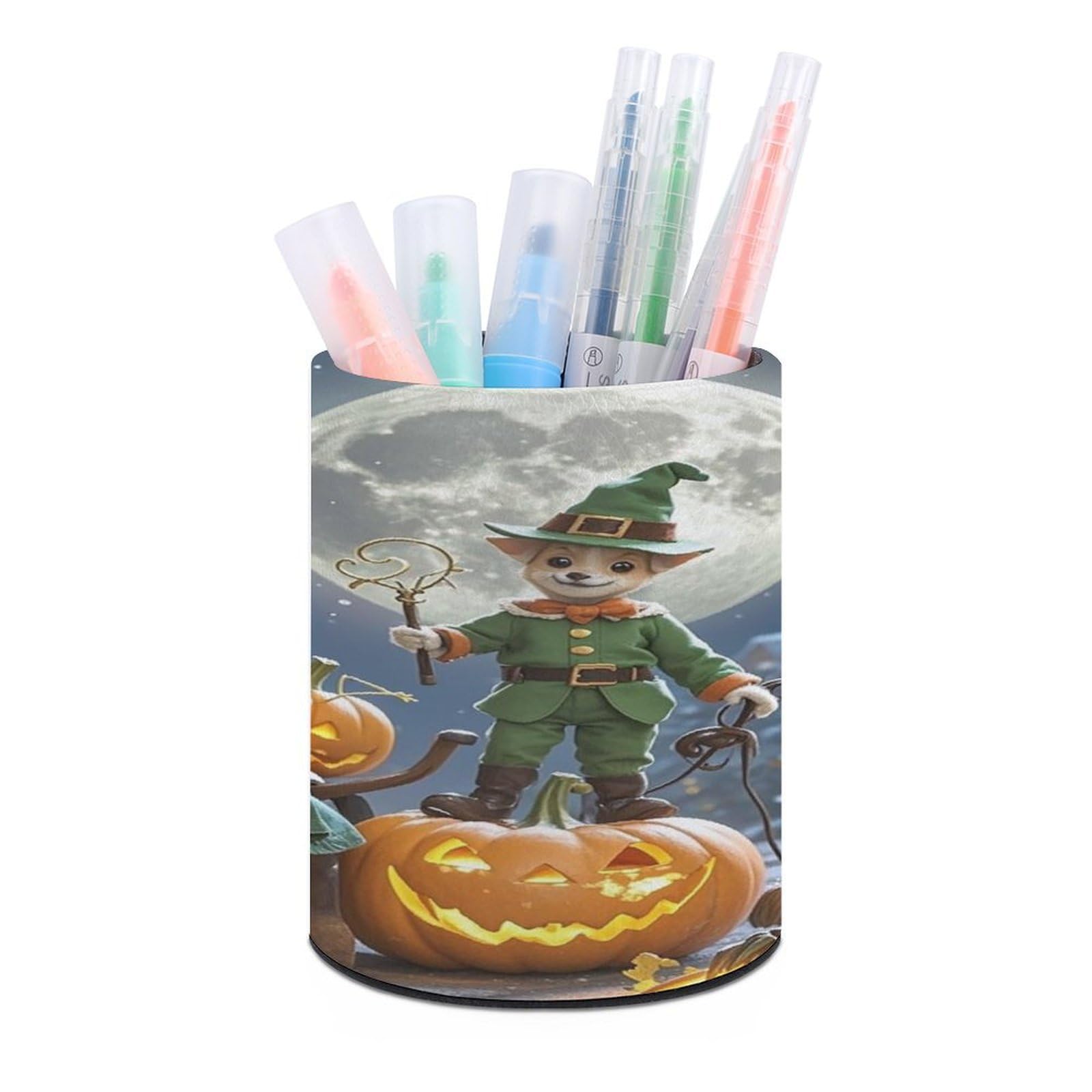 FekiLoot Moon And Jack-O'-Lantern Pen Holder Cup Fashion PU Leather Pencil Cup Minimalist Pen Organizer Round Pencil Holder Stand Work Locker Accessories for Decoration Desk Office Home