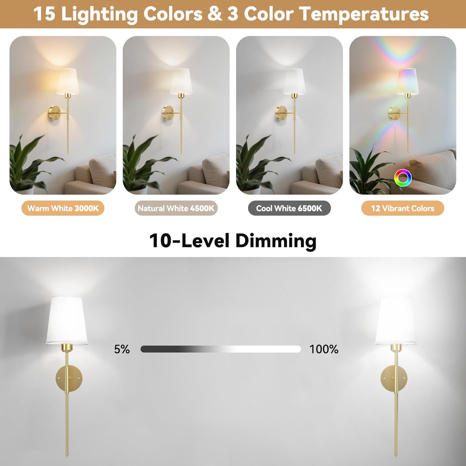 25.6 inch Battery Operated Wall Sconces Set of 2, Wireless Wall Lights with Rechargeable Bulbs & Remote, 15 Colors & Dimmable, Battery Powered Wall Lights for Bedroom, Living Room, Hallway