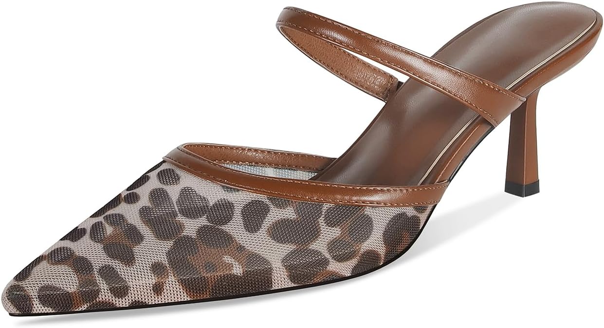 Mesh Kitten Heels Mules for Women Pointed Closed Toe Dressy Sexy Strappy Slip on Stiletto Low Heel Comfort Pumps Shoes