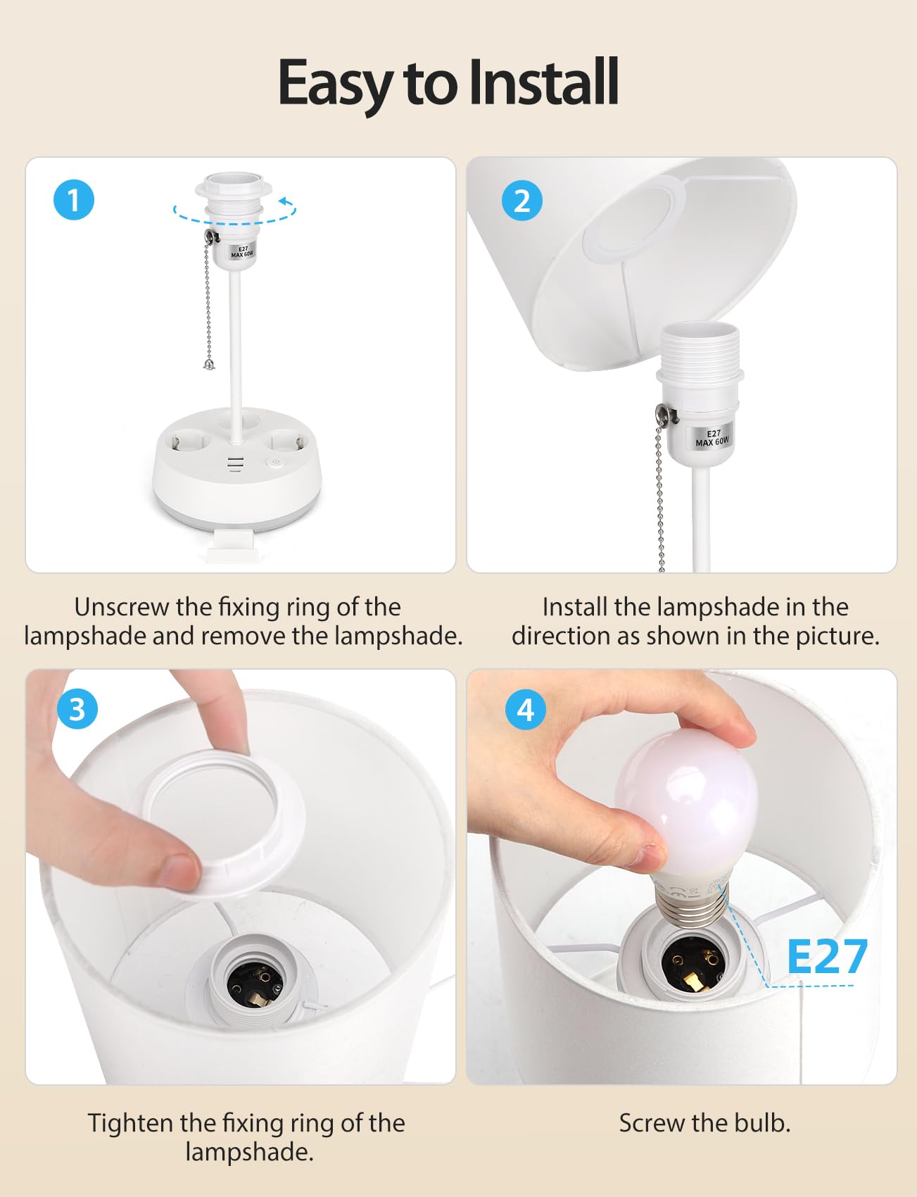 Aigostar - Lampe de Chevet Intelligente Compatible avec APP, Lampe de Table en Tissu, 2700K-6500K et RGB Réglable, avec 3 Prises (Type F), 3 Ports de Charge Rapide, Télécommande, Blanc