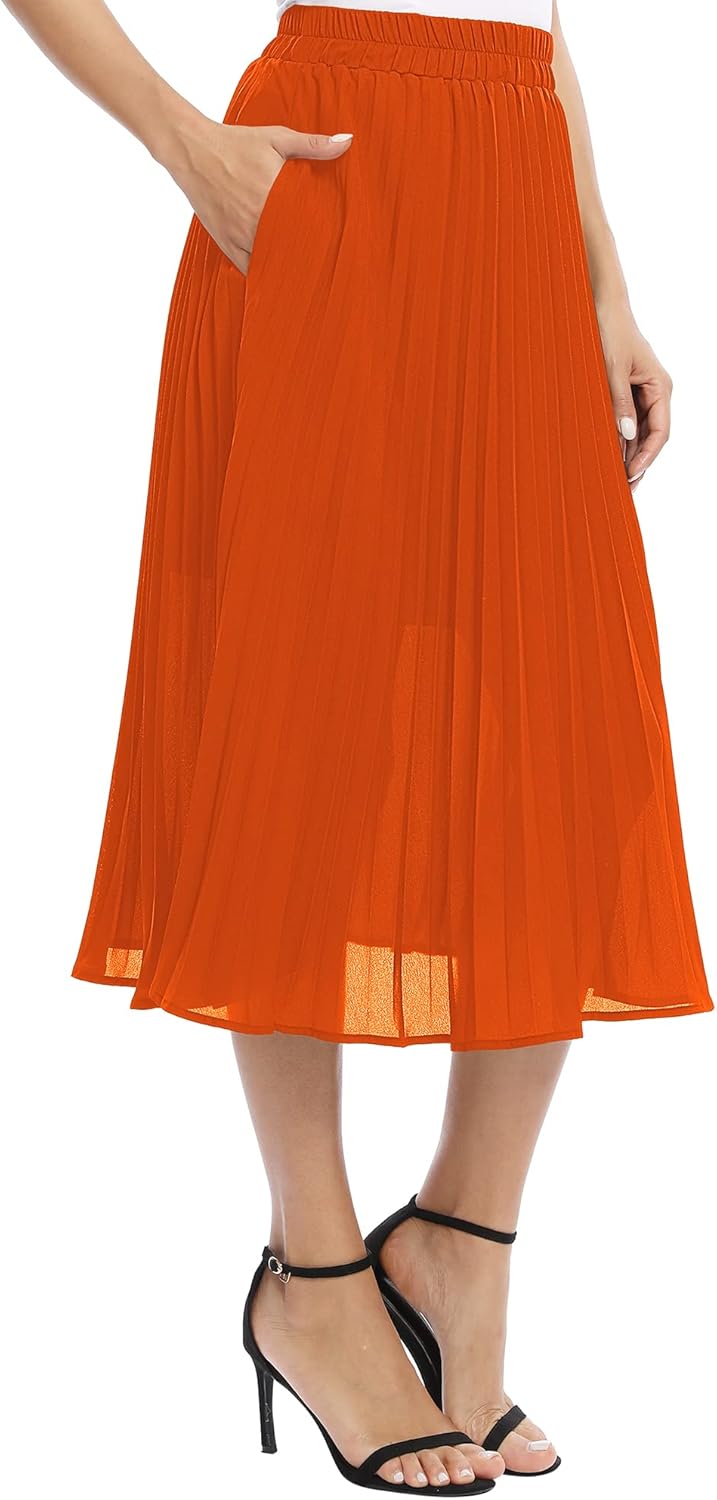 EXCHIC Women's Casual Chiffon Elastic Waist A-Line Pleated Midi Skirt with Pockets - Image 4