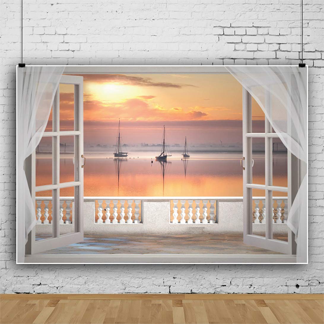 10x8ft Romántico Atardecer Correas de poliéster Ventanas Blancas tranquilas veleros a la Deriva Lago tranquilos Paisaje Natural Fondo turístico Accesorios de Estudio