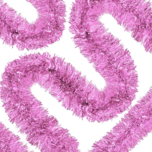 Image of 50 Ft Christmas Tinsel Garland Pink Thick Tinsel Garland Xmas Tree Decorations Metallic Tinsel Twist Garland for Christmas, Birthday, Party Decor Indoor Outdoor Party Supplies