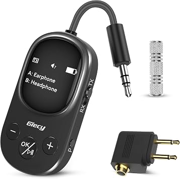 Airplane Bluetooth 5.3 Transmitter Receiver Adapter, Supports 2 AirPods or Headphones with aptX Low Latency, 3.5mm AUX Jack Wireless Audio Transmitter for Planes, Airline, Travel, TV Black