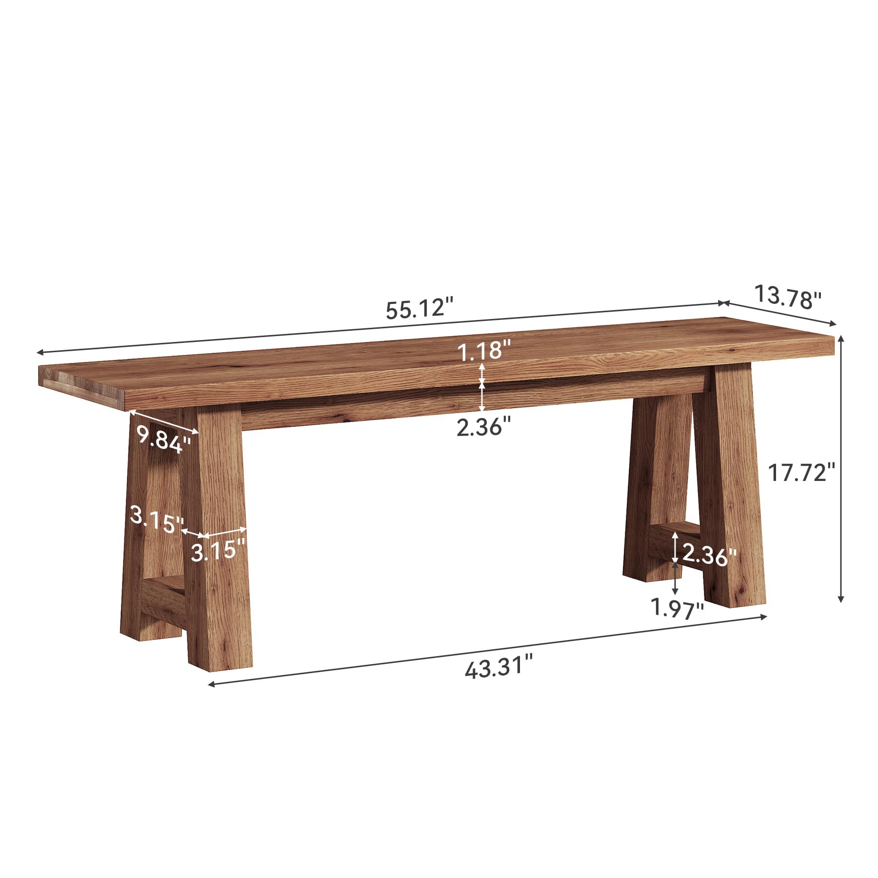 Solid Wood Dining Bench with A-Shaped Legs | 55.12-Inch Farmhouse Entryway Bench Indoor for Hallway, Kitchen, Dining Room, Living Room (Brown)