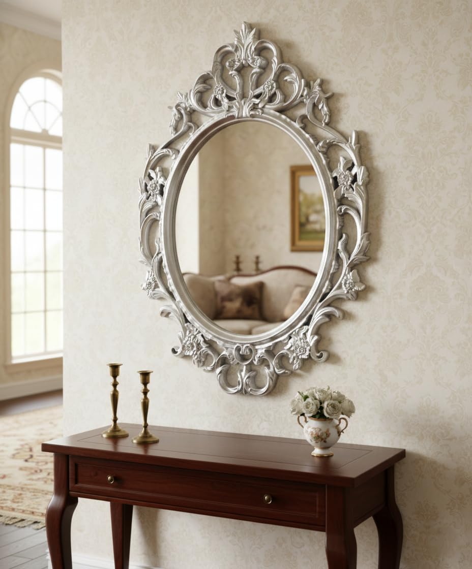 Biznest New Ornate Baroque Oval Wall Mirror Silver 69X48cm