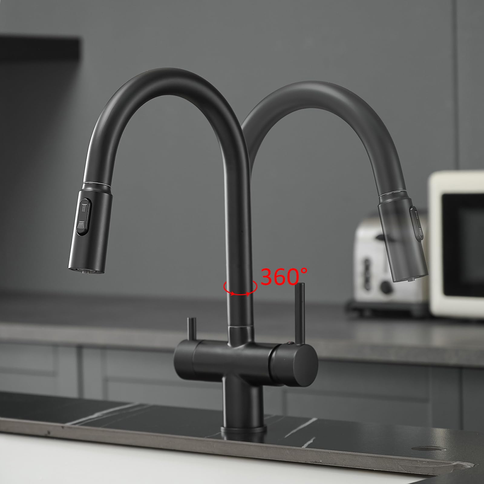 XJTNLB Rubinetto Cucina 3 Vie con Doccetta Estraibile Miscelatore Cucina Nero con Doppio Manopole Rubinetto Depuratore Acqua 3 Vie
