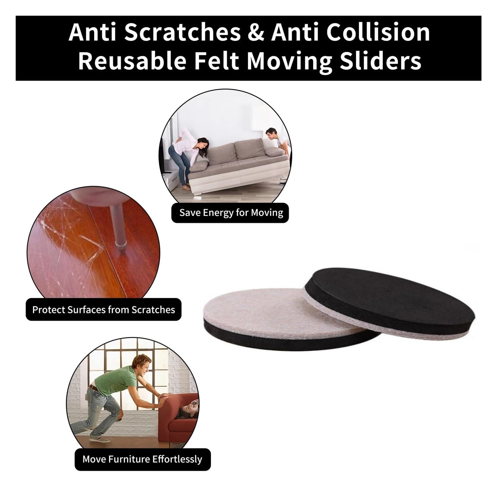 Almohadillas para Muebles 8 Deslizadores de Fieltro for Muebles 5.0 in for Suelos Madera, Almohadillas móviles Reutilizables para Suelos de Madera, protección de Muebles