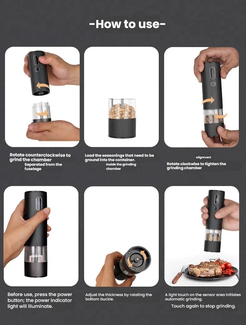 Set macina sale e pepe elettrico con display a batteria, base ricaricabile, grossolanità esterna regolabile, macina sale e pepe automatici in ceramica (nero)