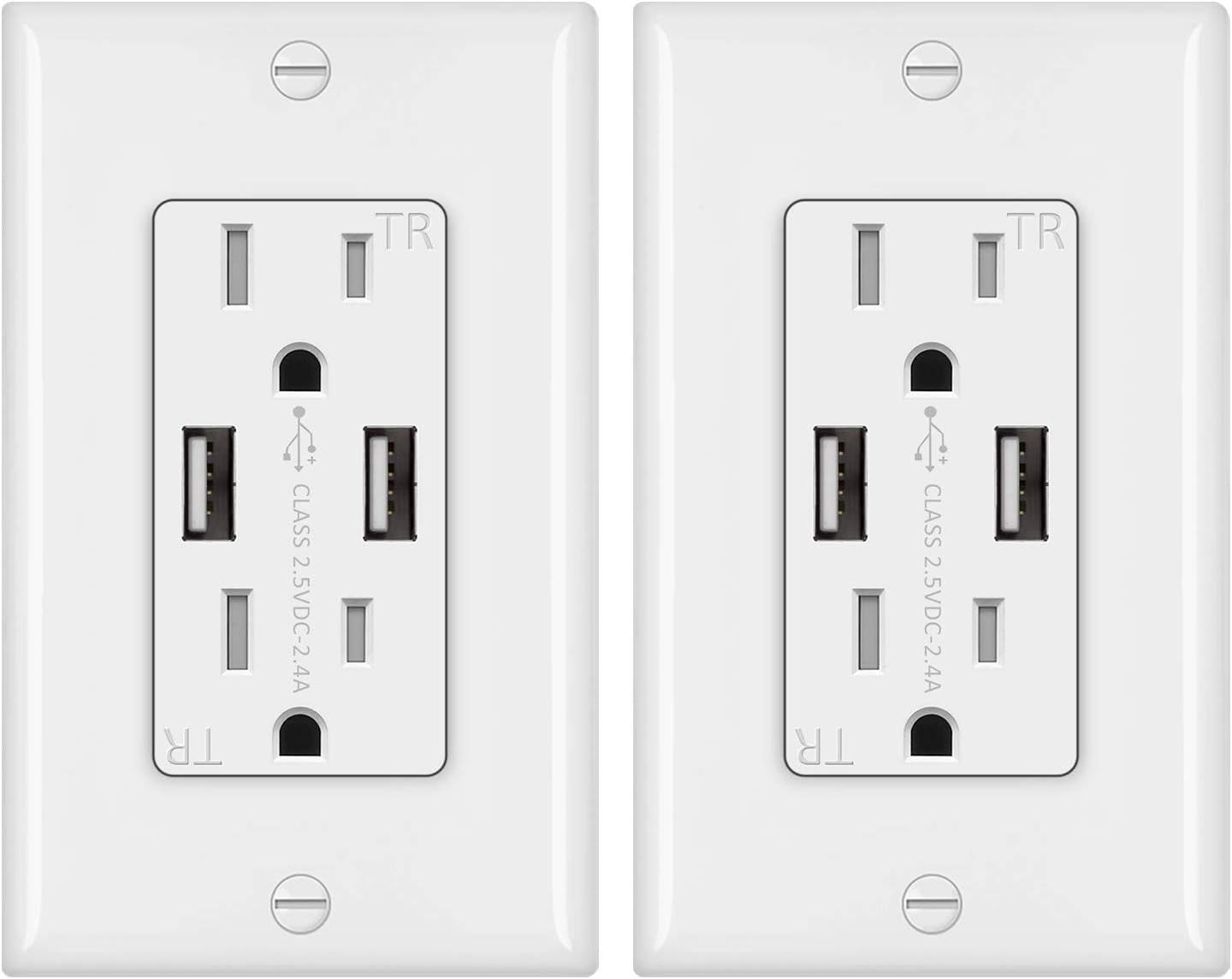 [2 Pack] BESTTEN USB Wall Outlet Receptacle, 2.4A Dual USB Charging Ports, Tamper Resistant, ETL Certified, White
