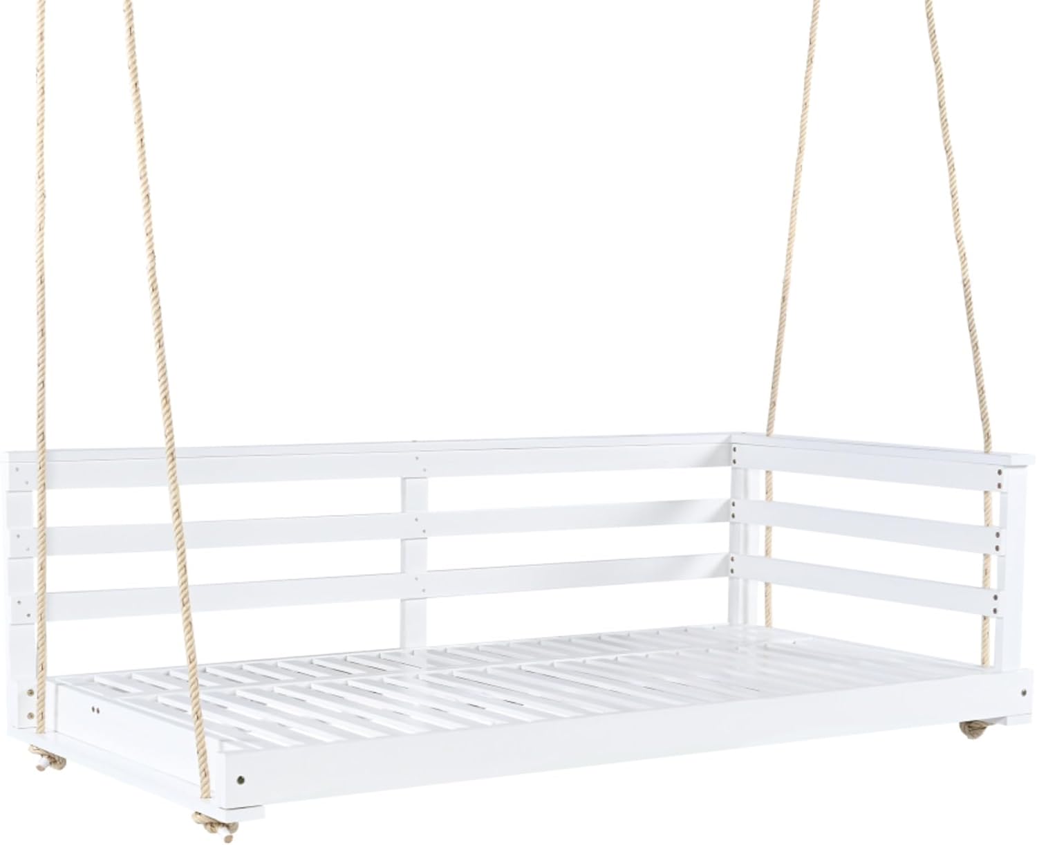 Twin Size Porch Swing Daybed Frame with Hemp Ropes - Minimalist Open-Side Acacia Wood Hanging Lounger for Garden, Patio, or Backyard Relaxation (White)