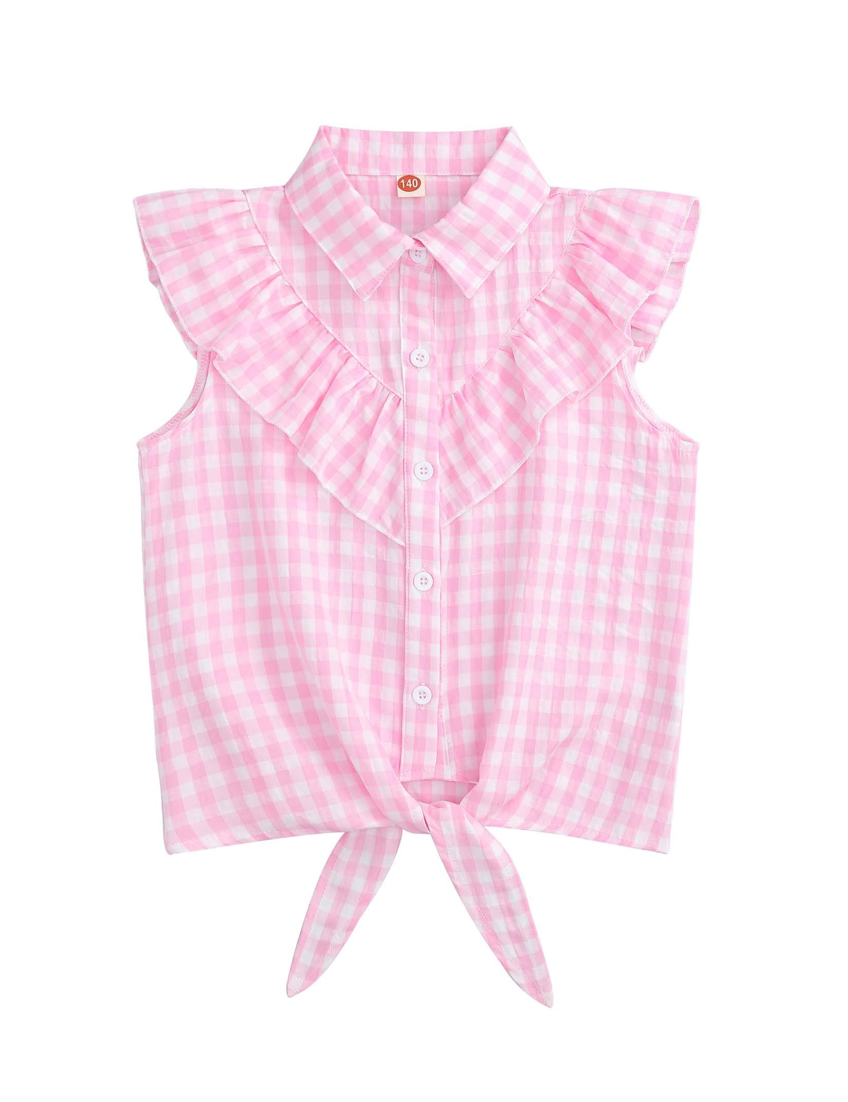 Girls Sleeveless Plaid Button Down Shirt Summer Crop Tops Tie Knot Ruffle Sleeve Shirt Blouse 3-12Y