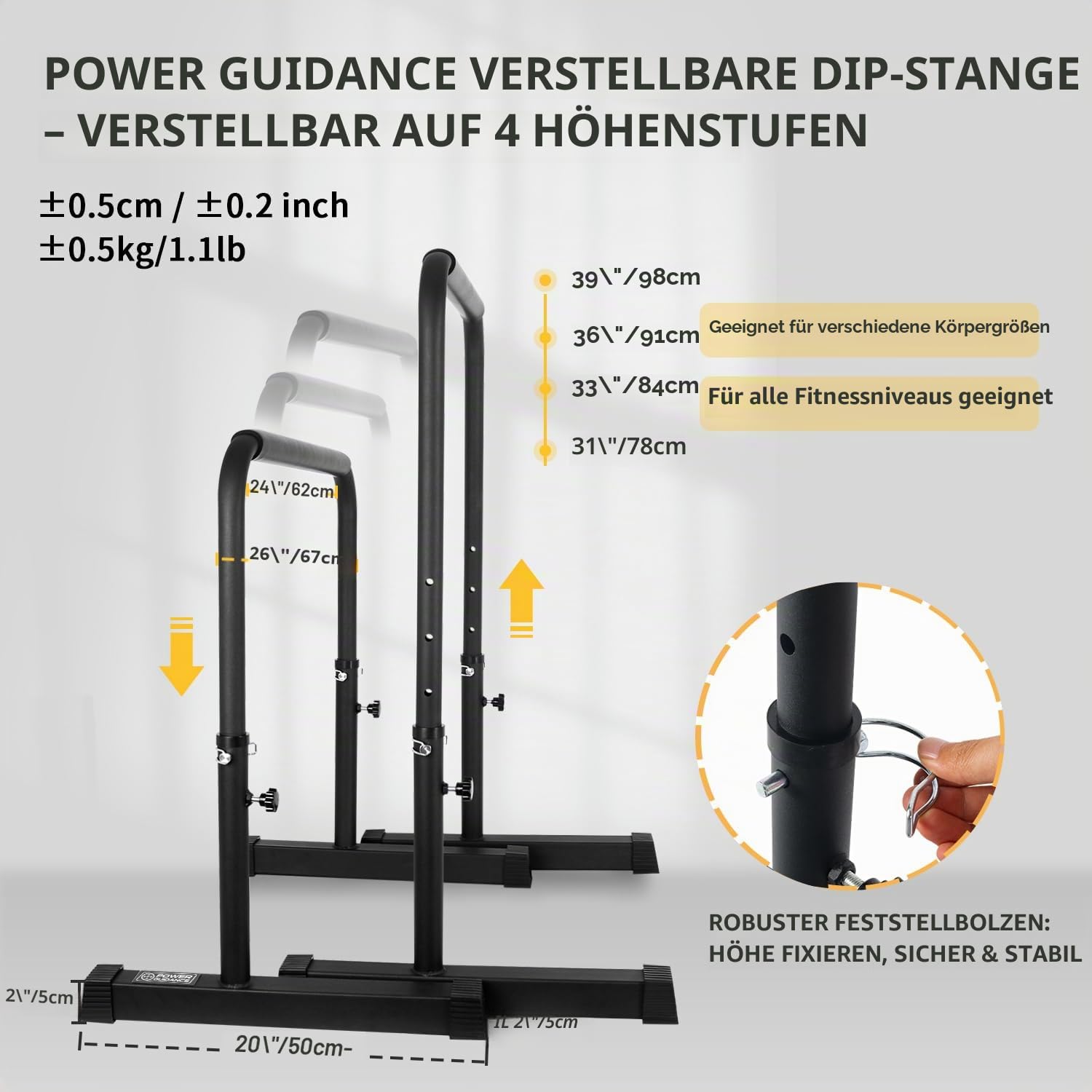 POWER GUIDANCE Dip Barren Dip Bar Quadratische breite Stützfüße Einstellbare Höhe 77cm 84cm 91cm 98cm Ganzkörper-Krafttraining 3 Farben