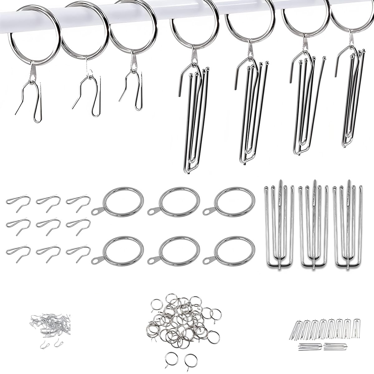 Ganchos para cortinas Huba de acero inoxidable plateado con anillos colgantes plisados duraderos