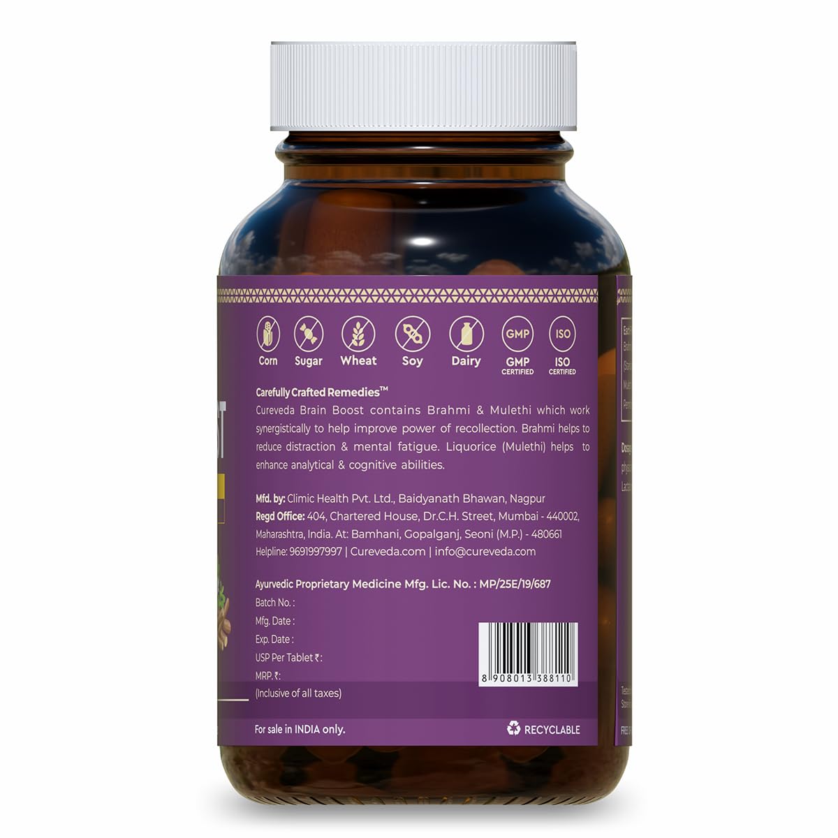 Cureveda Herbal Brain Boost Tablet for Brain & Memory Wellness | Extracted with Brahmi and Liquorice | Improves Learning, Memory Retention | Vegetarian | Gluten & Paraben Free (30 Tablets) 3
