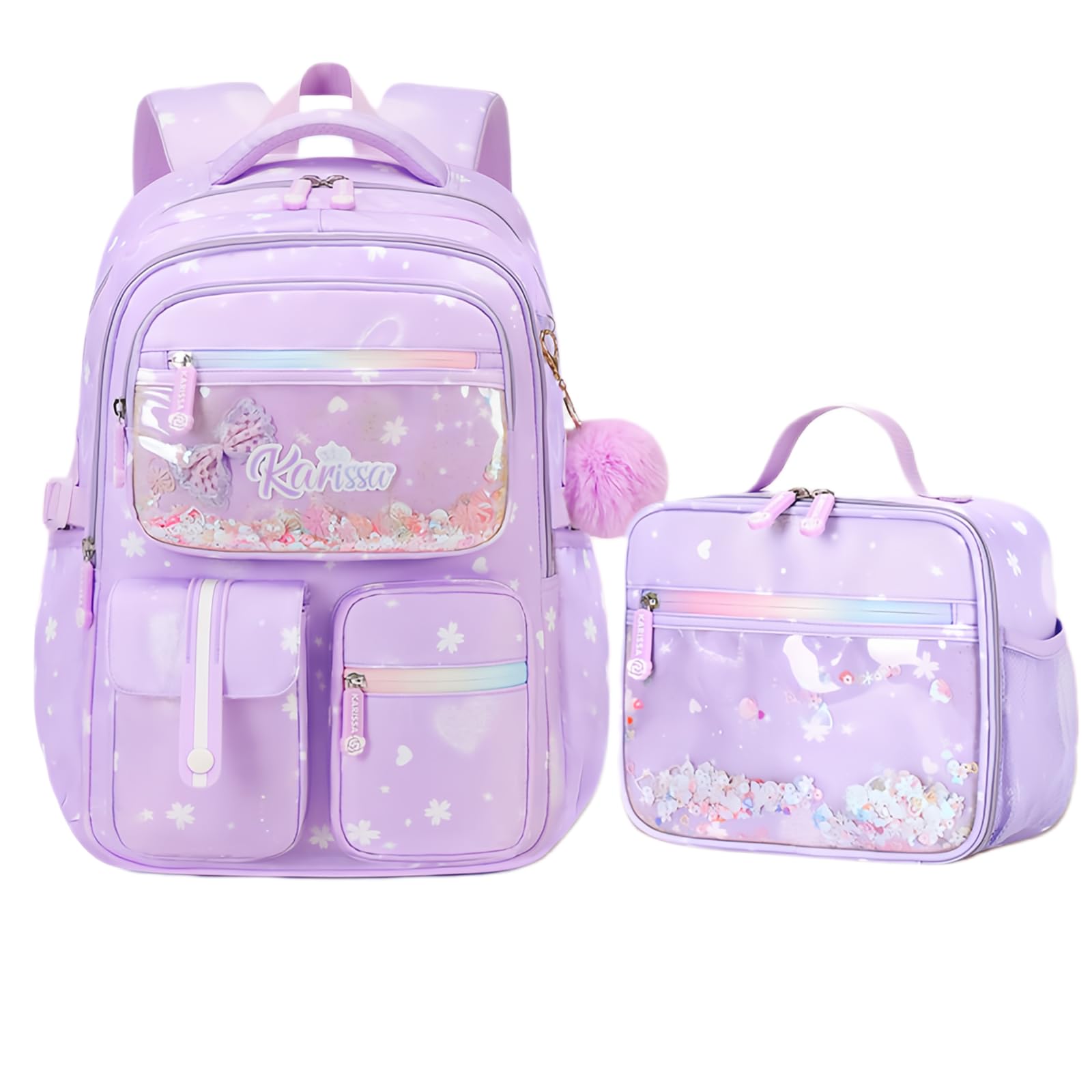 2Pcs Kids Backpack Set for Girls with Lunchbox Bookbag for Elementary School Pre Girls School Bag Water Resistant Purple