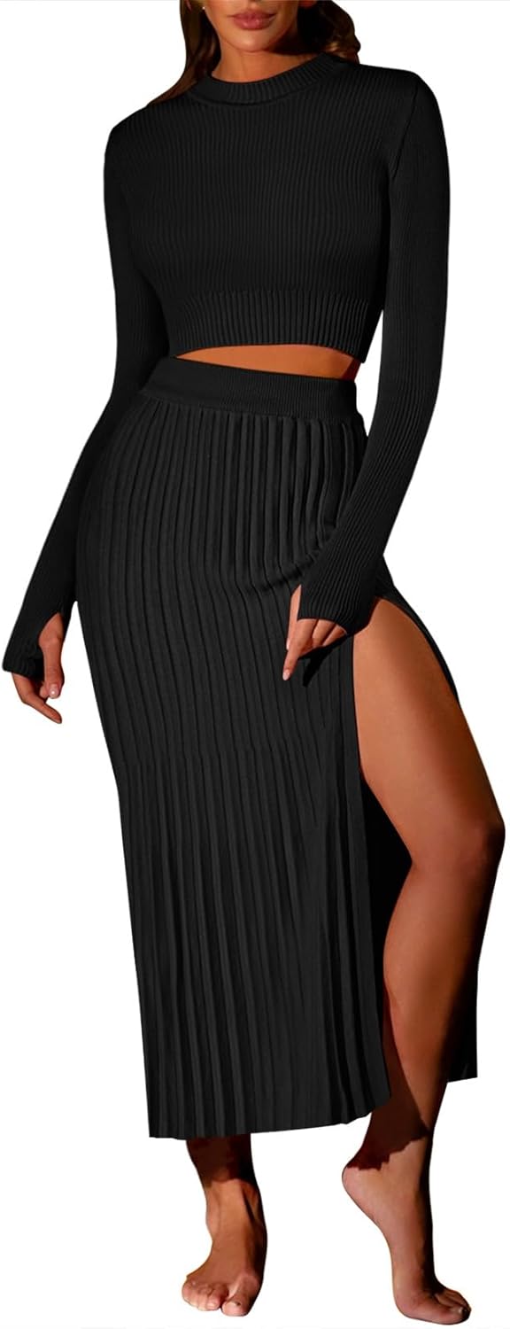 Pink Queen Women's 2 Piece Sweater Outfits Set Long Sleeve Crop Top Ribbed Split Bodycon Midi Long Skirt Knit Dresses