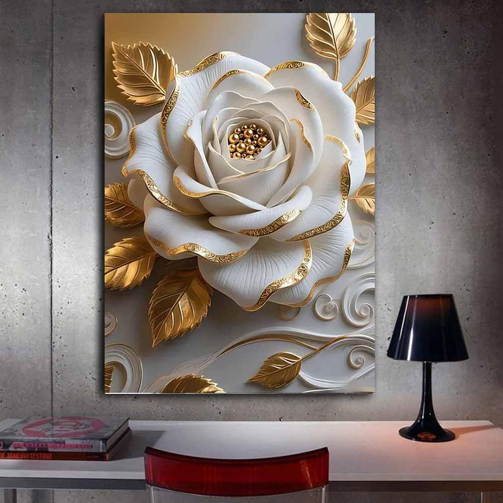 QUSAAOU Leinwandbilder Weiß Florale Gold Blatt Luxus Leinwandbilder Mit Rahmen Abstrakte Landschaftsbilder Moderne Wanddekoration FüR Gro Schlafzimmer(Weiß)-50x70cm Gerahmt