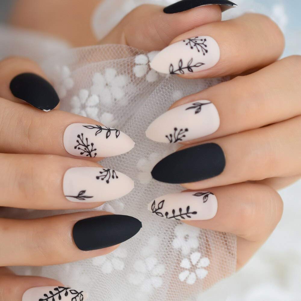 Amazon.com: EchiQ EchiQ Almond Press On Nails Black Ferns Pattern Matte  Faux Ongles Beige Leaves Fashion Style Designed Tips 24 : Everything Else