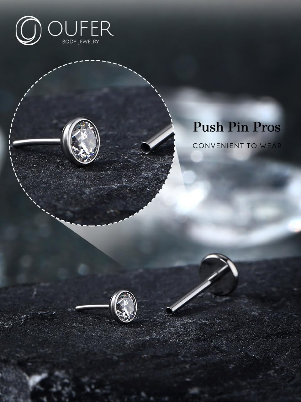 OUFER 2Pcs 20G/18G/16G G23 Titanium Threadless Nose Stud Earrings Flat Back Tiny CZ Small Nose Helix Cartilage Tragus Conch Labret Medusa Monroe Piercing Jewelry for Women Men - Image 2