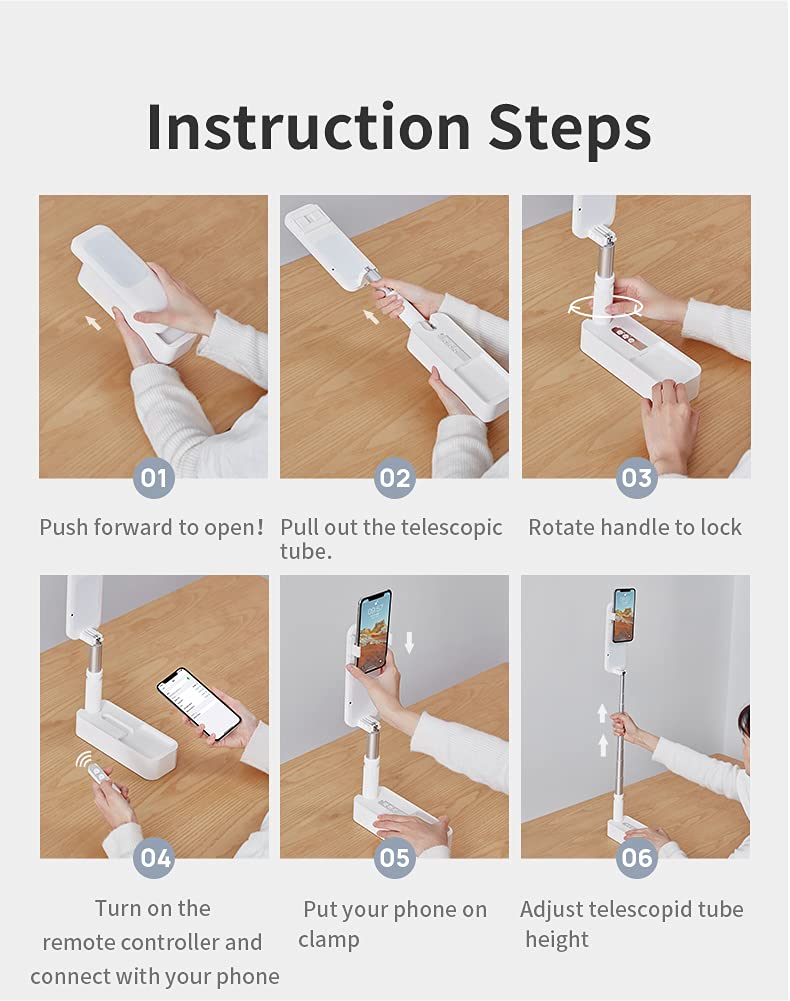 Orthotic Products We'll treat you well Soporte ajustable para teléfono con luz LED, batería de 1000 mAh, poste telescópico, rotación de 360°, control remoto Bluetooth, funda de viaje duradera, cable