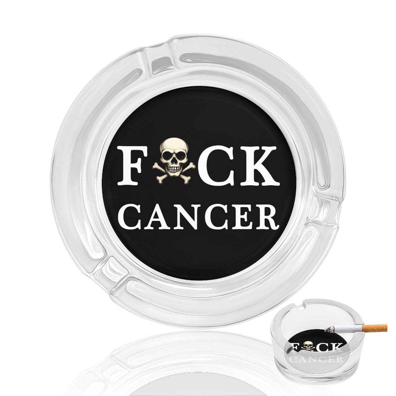 Fuck Cancer Skull And Crossbones Ashtray Portable Round Glass Outdoor Ash Tray for Home Office Garden Pub