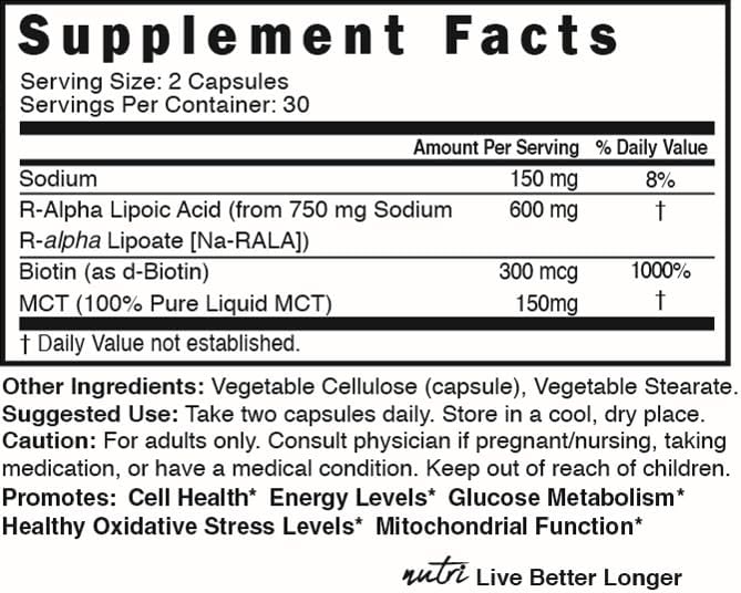Miniatura 5 de Nutri R Ácido alfa lipoico 600mg Cápsulas - Ácido lipoico R estabilizado con biotina - Forma activa de R-ALA - Dosis clínica de 600 mg - Potente