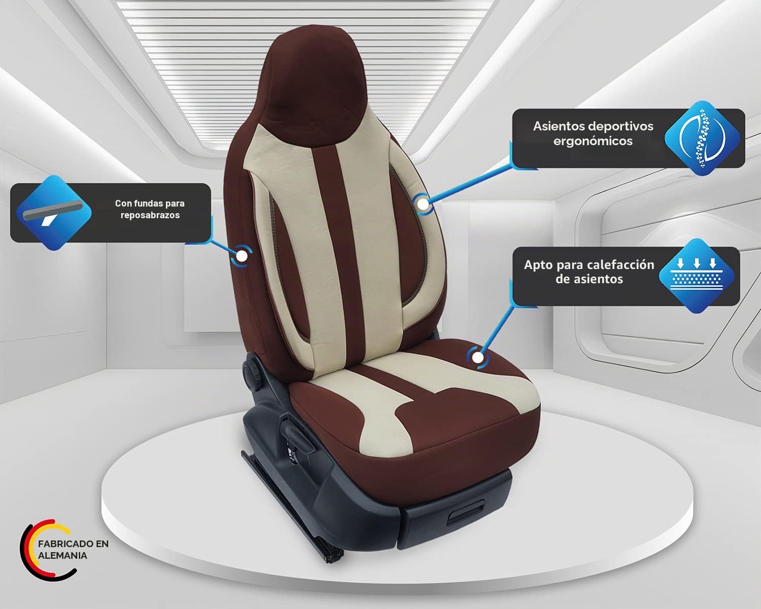 Fundas de Asiento a Medida, Juego de Asientos piloto para Conductor y copiloto, Compatible con Autocaravana FIAT Ducato, Pössl, Knaus, Adria, Carthago, Pilote Laika WPL412, Beige/marrón