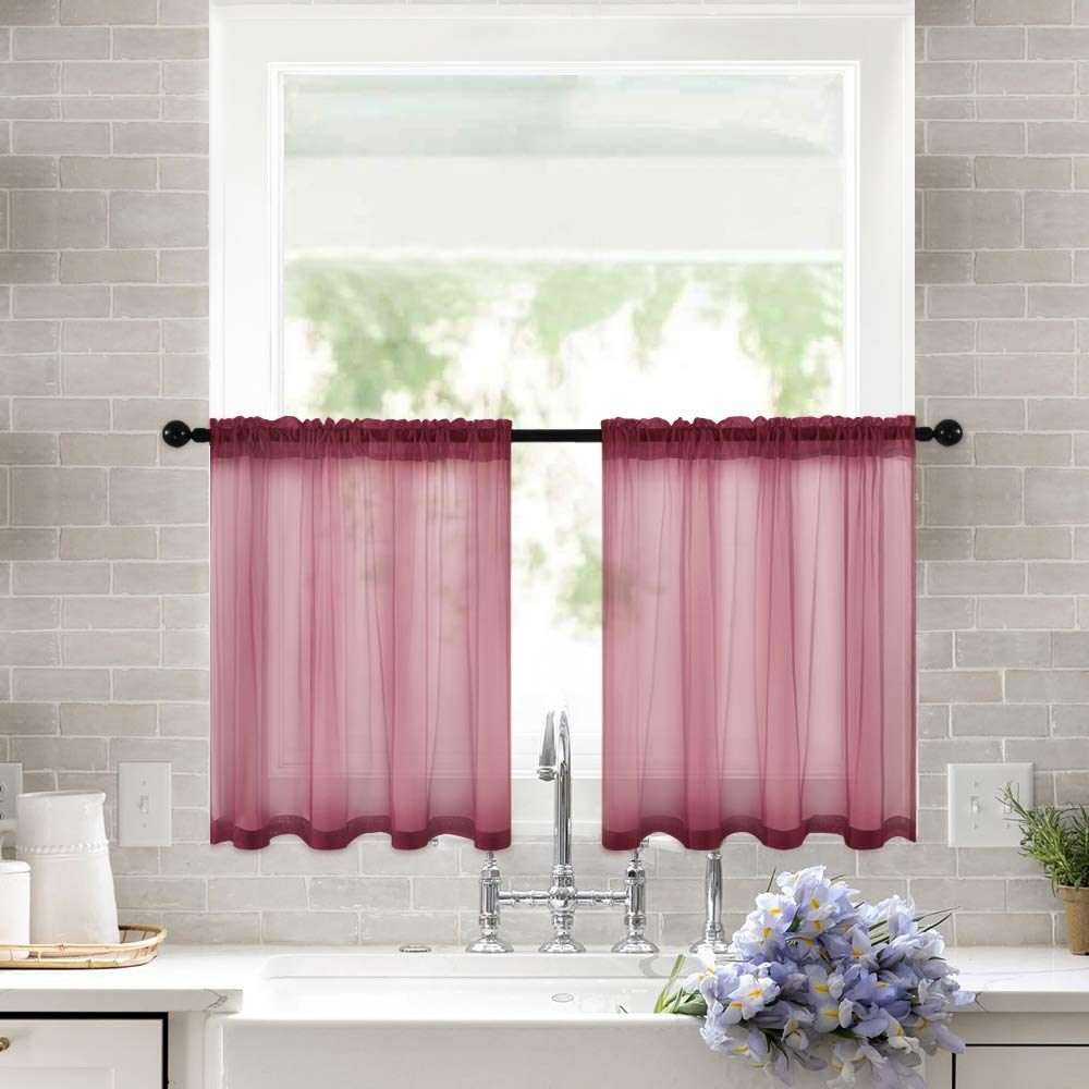 MIULEE 2 Panels Christmas Red Kitchen Tiers Half Window Sheer Curtains Rod Pocket Translucent Voile Drapes for Kitchen Bathroom Small Windows 29 by 24 Inch Wine Red