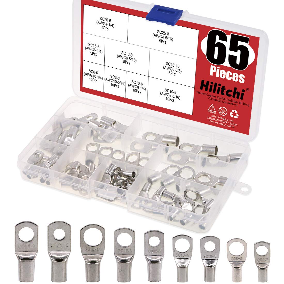 Hilitchi 65 Pcs UL Listed Heavy Duty Wire Lugs Battery Cable Ends Eyelets Tubular Ring Terminal Connectors (AWG4, AWG6, AWG10)