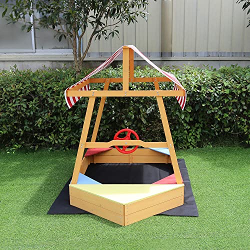 Critter Sitters Children's Wood Sand Box Boat With Striped Canopy, Wheel, And Bottom Liner - Cssb0103-Nat, Natural/Multi #TOP5