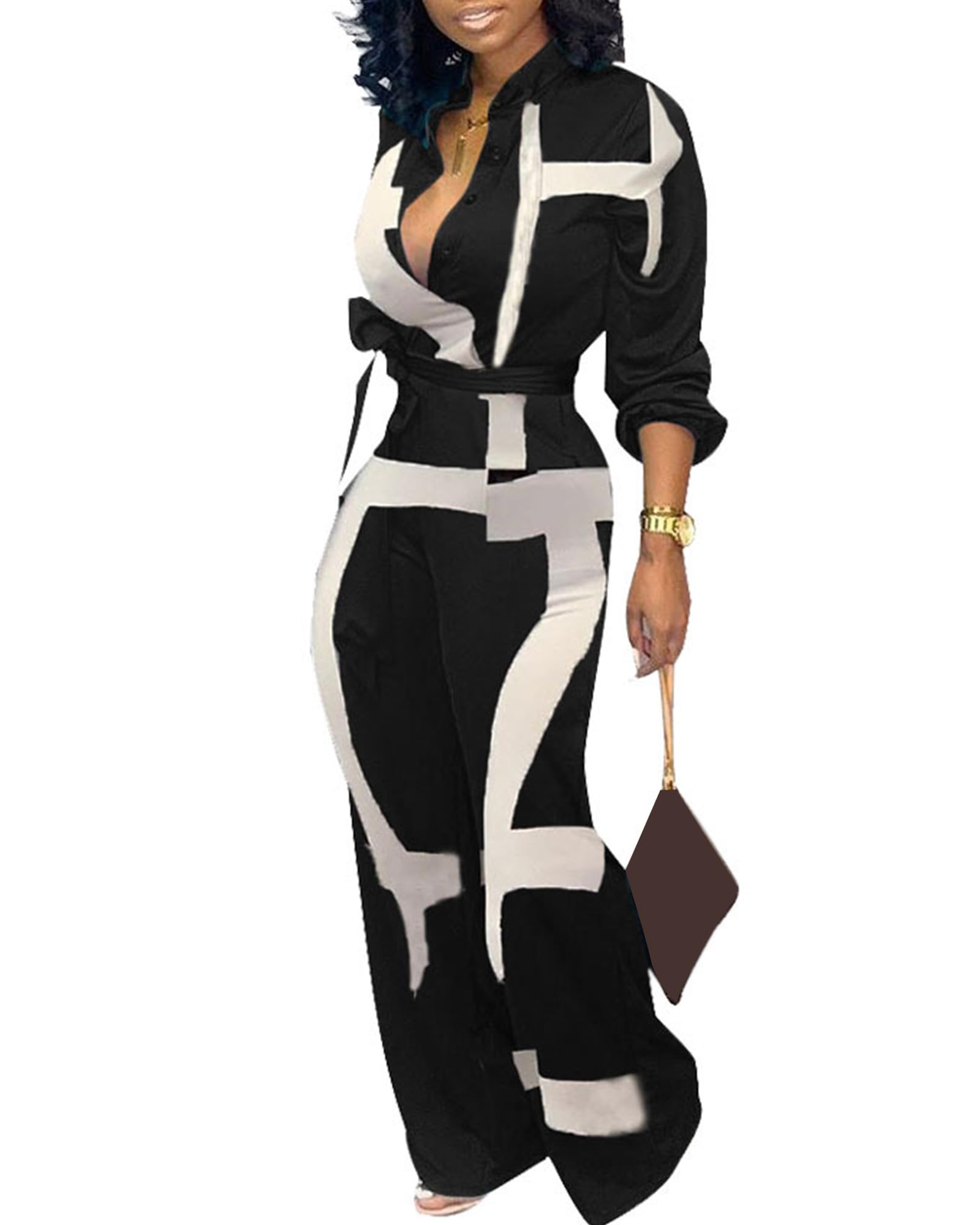 TbahhirWomen's Black and White V Neck Long Sleeve Jumpsuit Wide Leg Long Pants Romper Overalls