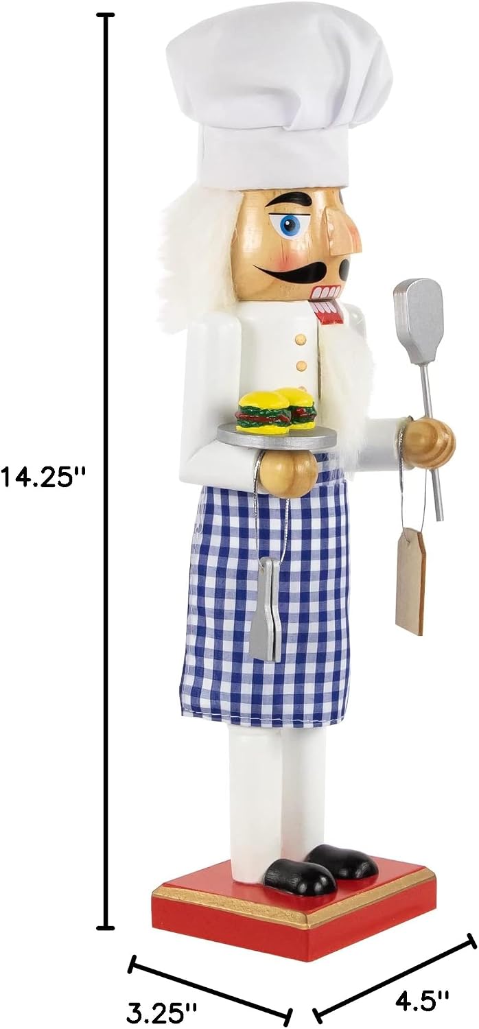 14" White and Blue Chef with Gingham Apron Wooden Christmas Nutcracker