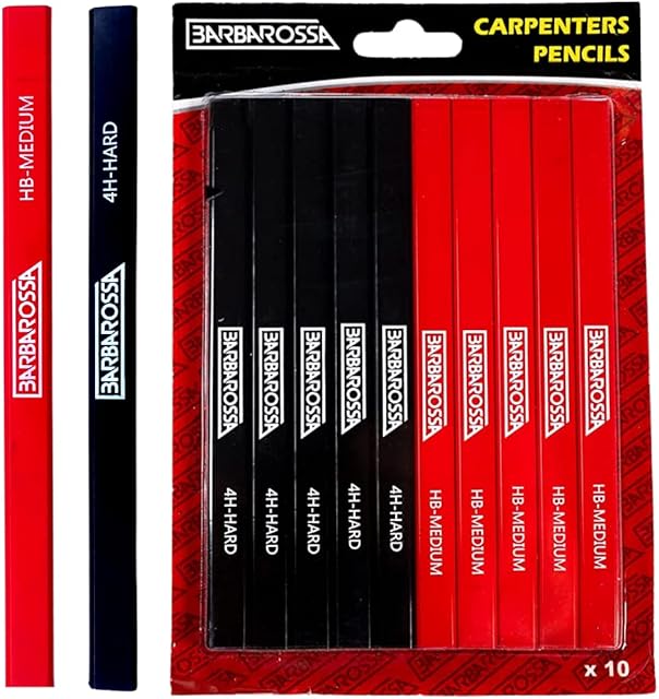 10 x Barbarossa Octagonal Shape Pencils | Medium Hard Graphite Lead Natural Wood, 4H, HB Lead Type Flat Pencil sharpened | Carpenters Pencil for Builders and Woodwork (4H - Hard - Black - Pack of 10)