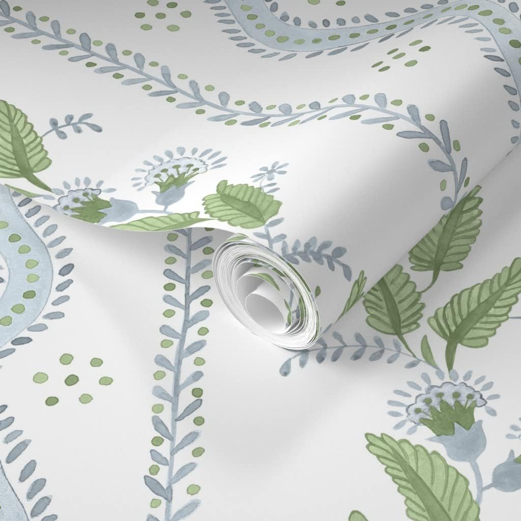 Spoonflower Removable Wallpaper Swatch - Soft Blue Greens White Stripe Green Floral Dots Traditional Custom Pre-Pasted Wallpaper