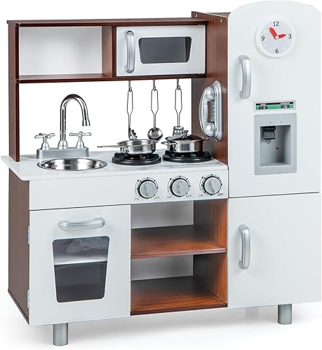 Costzon Juego de cocina para niños, cocina de madera con utensilios, horno, armarios, grifo, fregadero y teléfono, juego de cocina para niños