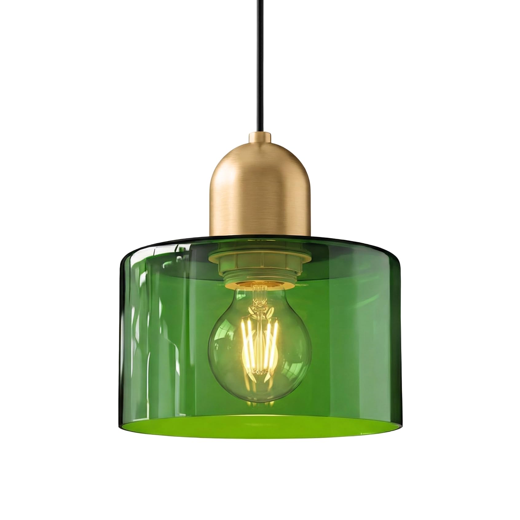 Lfsem Green 20Cm Round Glass Pendant Light For Dining Room & Bedroom, Gold Metal E27 Pendant Ceiling Light Fixture For Kitchen Island & Living Room, Modern Retro Style (Green)