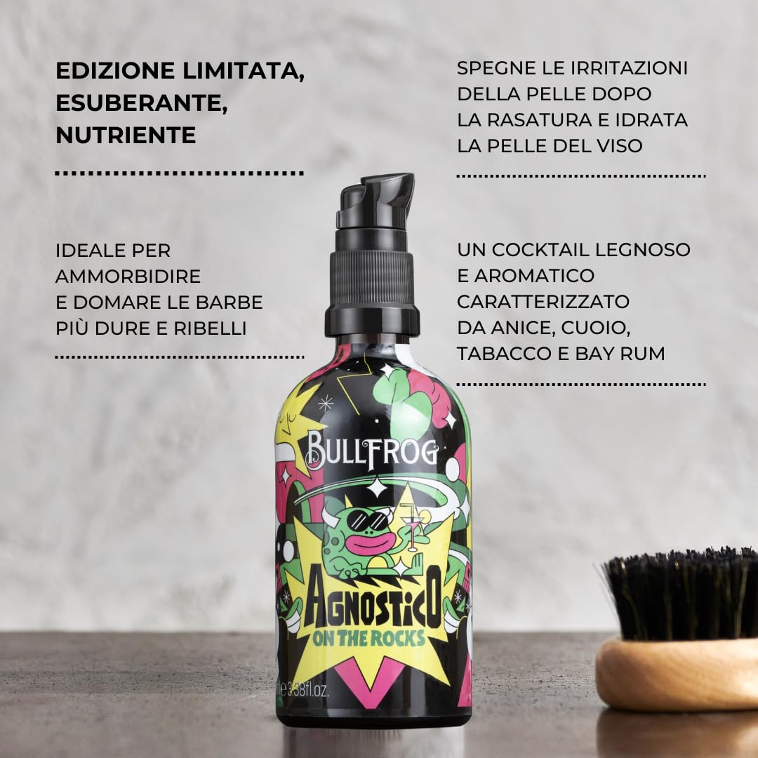 Bullfrog - Baume à Barbe Agnostique On The Rocks Multifonction Édition Limitée Artist 100ml - Nourrit et Hydrate la Barbe contre les Irritations - Notes d’Anis, de Cuir, de Tabac et de Bay Rum