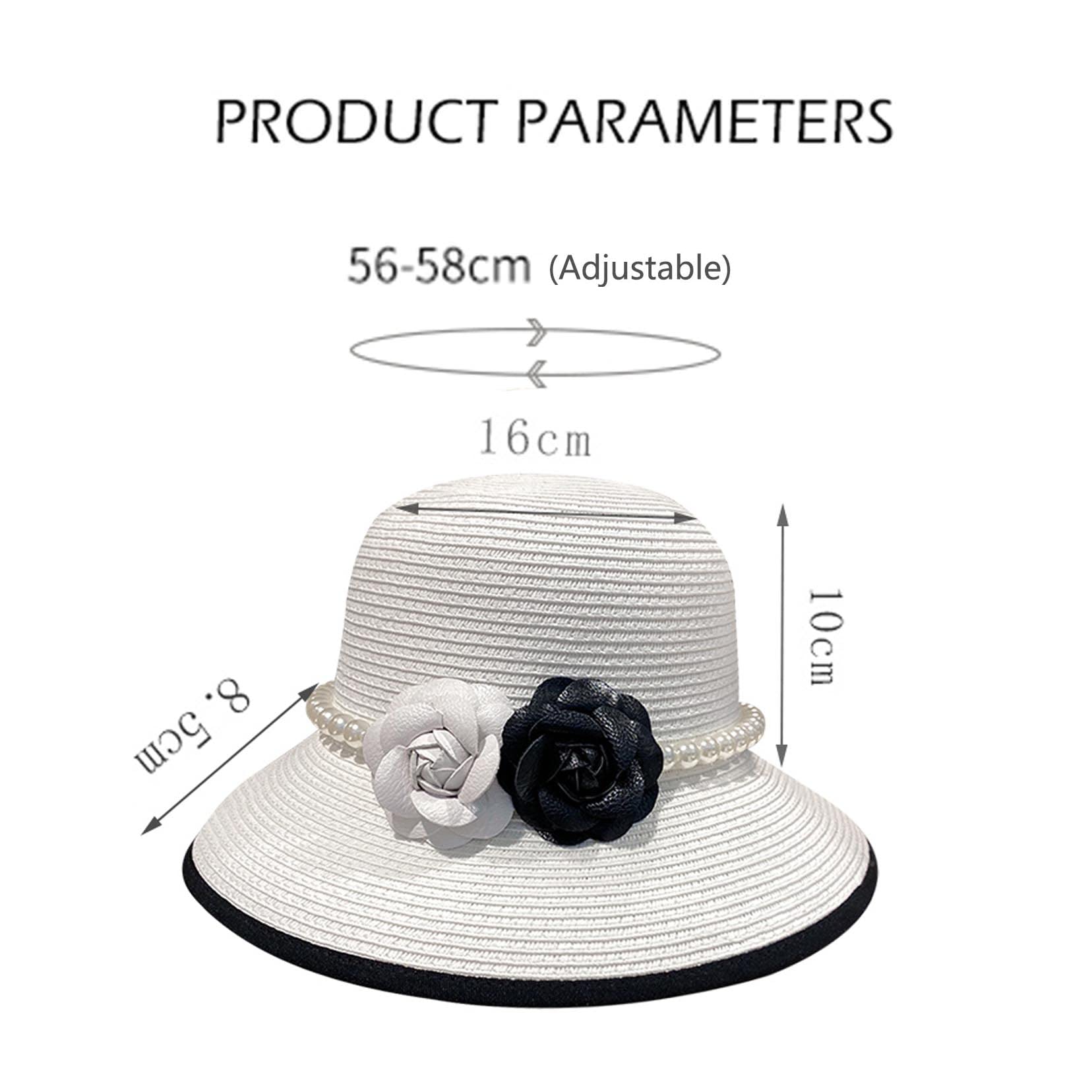 Damen Sommerhut Stroh Fedora Strand Sonnenhut, Blumendekoration Packbares Breitenkrampf Panama Hut White-56-58cm