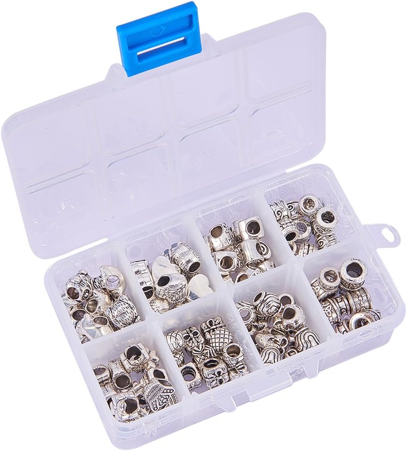 NBEADS 96 Pcs Antique Silver European Beads - 16 Assorted Mixed Shape Tibetan Style Alloy Large Hole Spacer Charms for Bracelet Pendant
