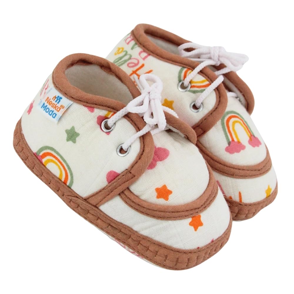 neska moda 6 To 12 Months Baby Boys & Baby Girls Star & Rainbow Muslin Lace White,Brown Hook & Loop Shoe Booties-BT5568-picture-20