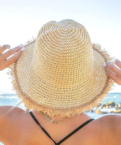 Boderier Womens Straw Hat Beach Sun Hat Floppy Frayed Crochet Foldable Straw Bucket Hat Summer Beach Accessories Beige thumb #2
