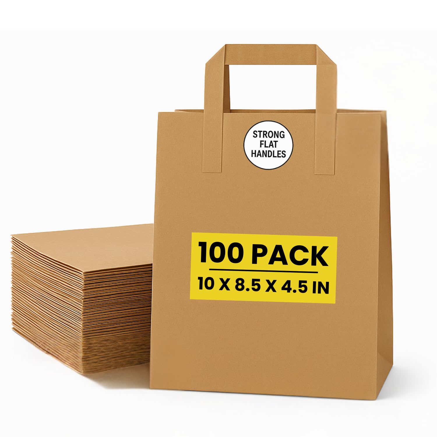 Brown Kraft Paper Bags with Handles โ 100 Medium Recyclable Biodegradable SOS Carrier Bag (10" x 8.5" x 4.5") | Eco-Friendly, Strong Takeaway, Grocery, Shopping, Lunch, Party & Gift Bags for Catering