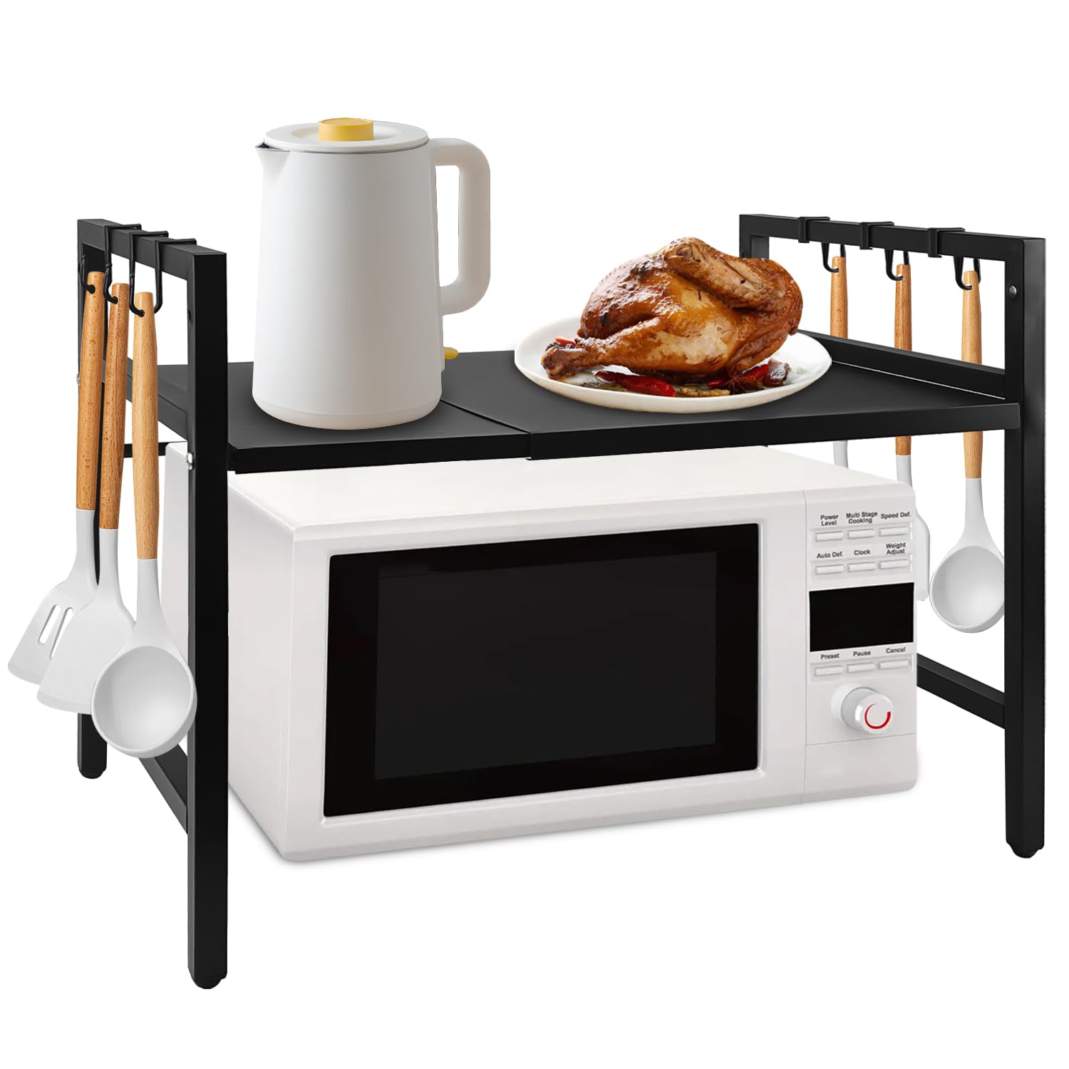 Enenes Estante extensible para horno microondas de 2 niveles, organizador de almacenamiento de cocina de metal resistente con 6 ganchos, estante ajustable que ahorra espacio para encimera, encimera y