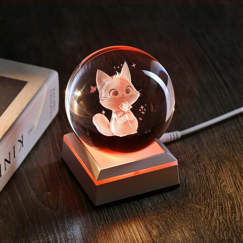 Cat Lover Gifts for Women 3D Cat Crystal Ball 3.15" Her Birthday Gift Night Light Decoration Holding Rose Stuff with Colorful Lighting Base