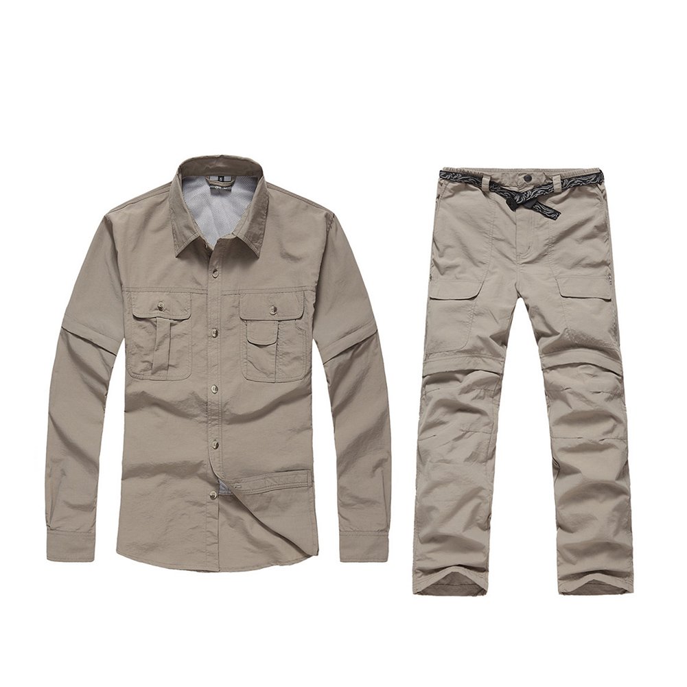 Uomo Outdoor Sport assorbente rimovibile traspirante manica corta camicia + pantaloni assorbente traspirante ad asciugatura rapida per il tempo libero Set, cachi, 3XL