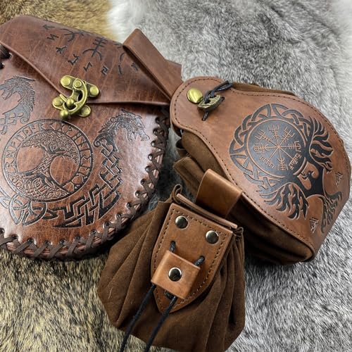 3 PCs Medieval Faux Leather Belt Bag Set, Renaissance Drawstring Pouch Dice Bag, Vintage Side Pack Coin Purse for LARP (Brown A)4