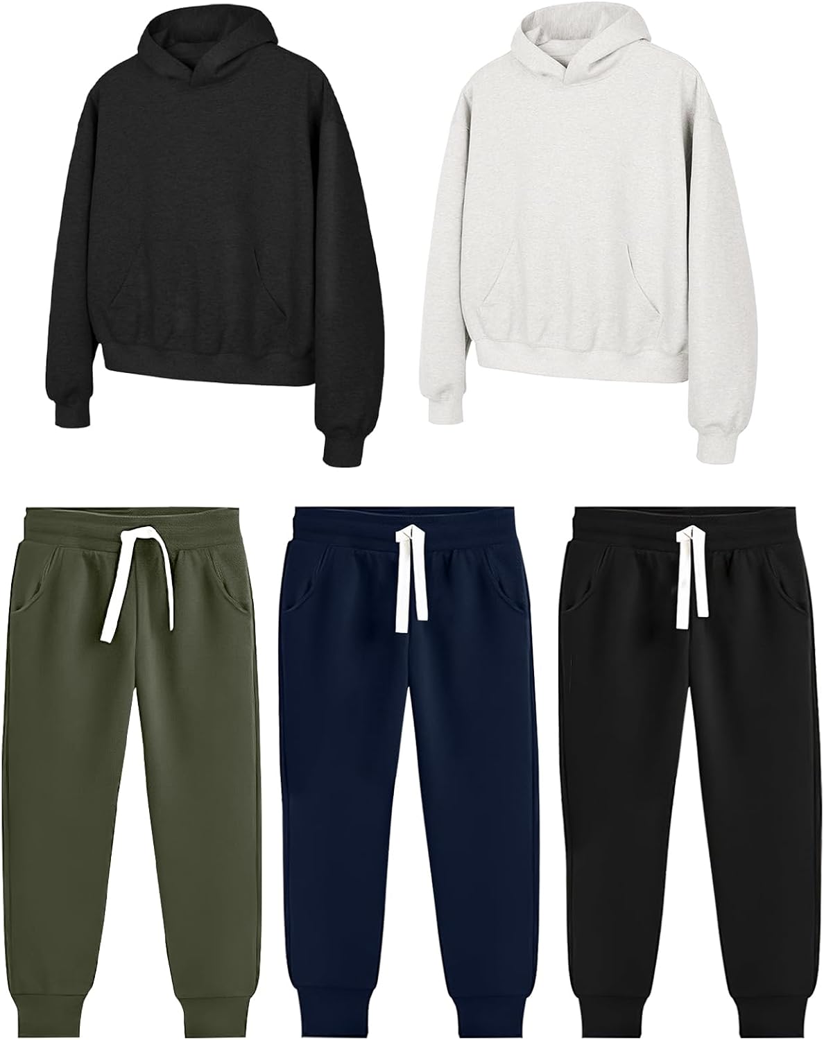 PEHMEA 3 Pack Boys Girls Sweatpants with 2 Pack Kids Hoodie Set for 11-12 Years