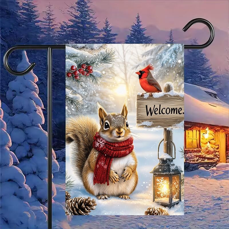 Winter Garden Flags for Outside 12x18 Inch Double Sided, Small Burlap Seasonal Holiday Snow Squirrel Garden Flag Winter Xmas Decorations Christmas Outdoor Flag for Yard Garden Porch Decor - Image 3