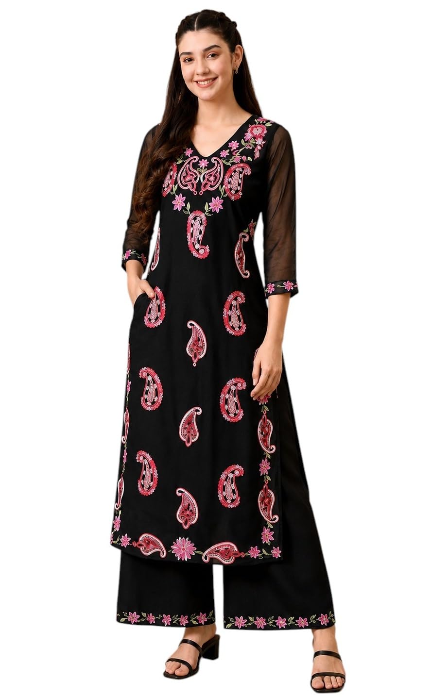 B Bella Women's Embroidered Georgette Kurta Palazzo Set | Paisley & Floral Kurti with Palazzo | V-Neck Net Sleeves | Festive Ethnic Cord Set-image-20